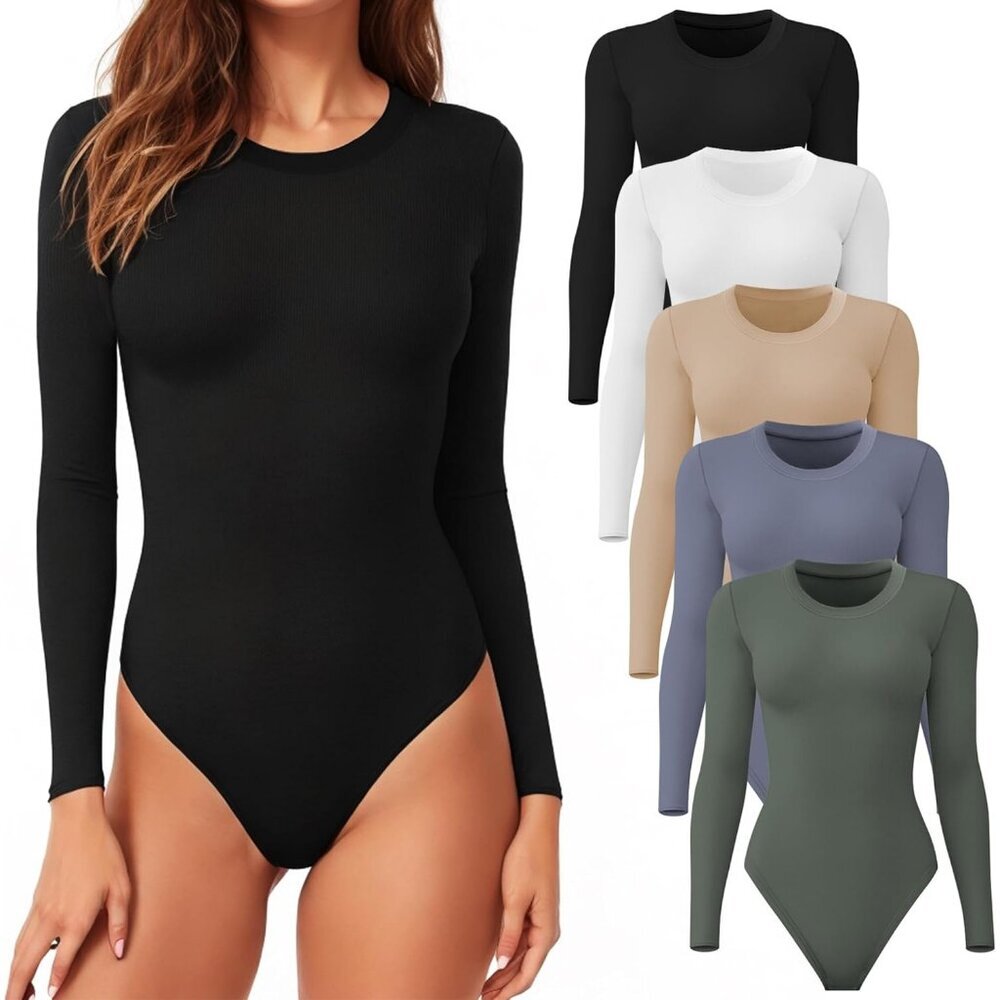 Women's 5 Pack Black White Nude Blue Green Long Sleeve Bodysuit Neck Crew Tops